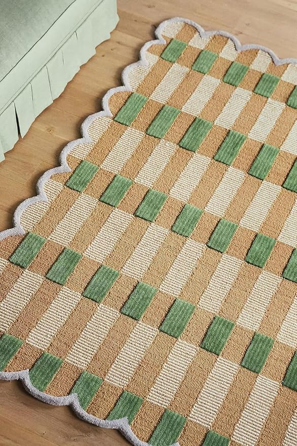 Hand-Tufted Wool Rug with Scalloped Edges, Light Blue Plaid Pattern, Cozy Soft Area Rug for Living Room, Bedroom, and Nursery, Handmade Modern Accent Rug (Green, 8X10 FEET)