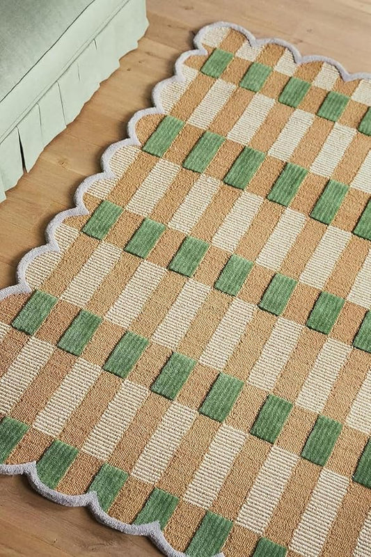 Hand-Tufted Wool Rug with Scalloped Edges, Light Blue Plaid Pattern, Cozy Soft Area Rug for Living Room, Bedroom, and Nursery, Handmade Modern Accent Rug (Green, 4X7 FEET)