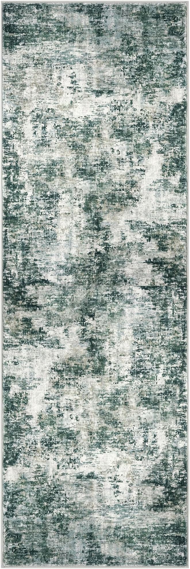Modern Abstract Runner Rug 2x6, Grey Green Washable Kitchen Runner Non-Slip Soft Hallway Rug Runner Thin Print Faux Wool Carpet for Entryway Bedroom Laundry Room Indoor Home Decor
