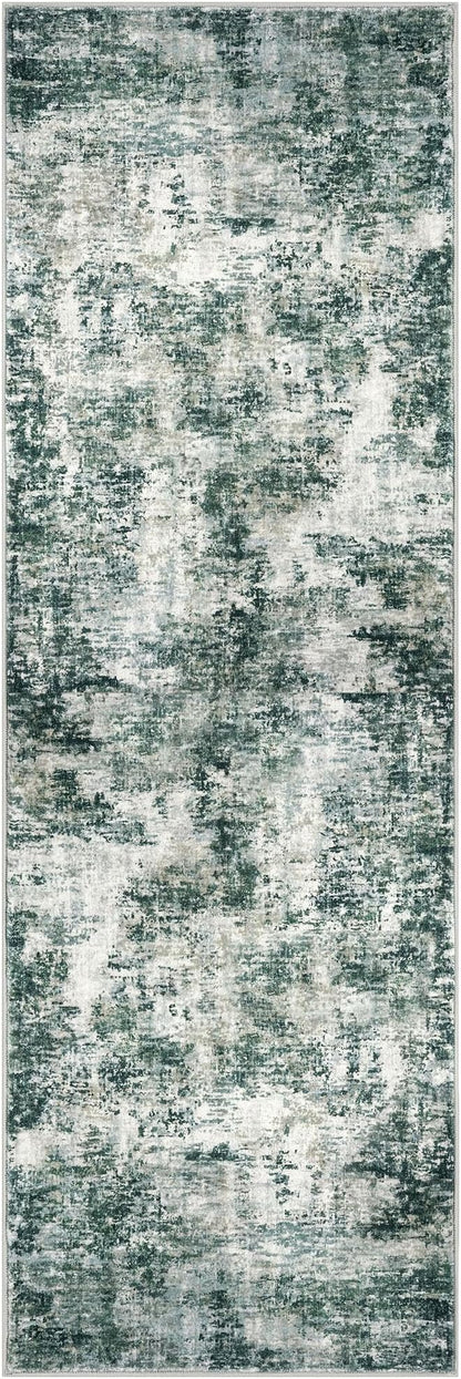 Modern Abstract Runner Rug 2x6, Grey Green Washable Kitchen Runner Non-Slip Soft Hallway Rug Runner Thin Print Faux Wool Carpet for Entryway Bedroom Laundry Room Indoor Home Decor