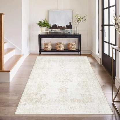 Area Rug 3x5 Entryway Rugs - Machine Washable Vintage Boho Area Rug Non-Slip Kitchen Rugs Soft Stain Resistant Indoor Door Mat, Small Oriental Throw Rug for Entrance Hallway Bedroom (Ivory, 3'x5')