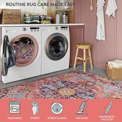 Lahome Bohemian Floral Medallion Area Rug - 2x3 Small Hot Pink Bath Rug Kitchen Sink Mat, Machine Washable Non-Slip Soft Indoor Carpet for Doormat Bedside Apartment Entrance, Fuchsia/Multi