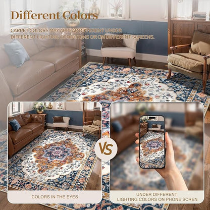 Ciicool 3x5 Area Rug, Washable Boho Rugs for Bedroom Non-Slip Indoor Rugs Large Low-Pile Mat Floor Carpet Vintage Rug for Kitchen Living Room Office Dinning Foyer Decor