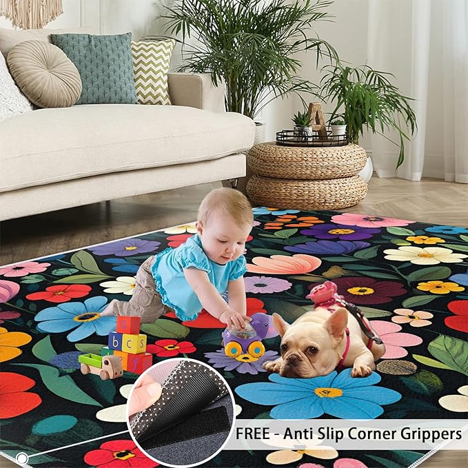 Boho Flowers Rugs for Bedroom - 5x7 Area Rug - Cartoon Flowers Rugs for Living Room, Abstract 3D Floral Rug, Non-Slip Washable Home Decor Carpet