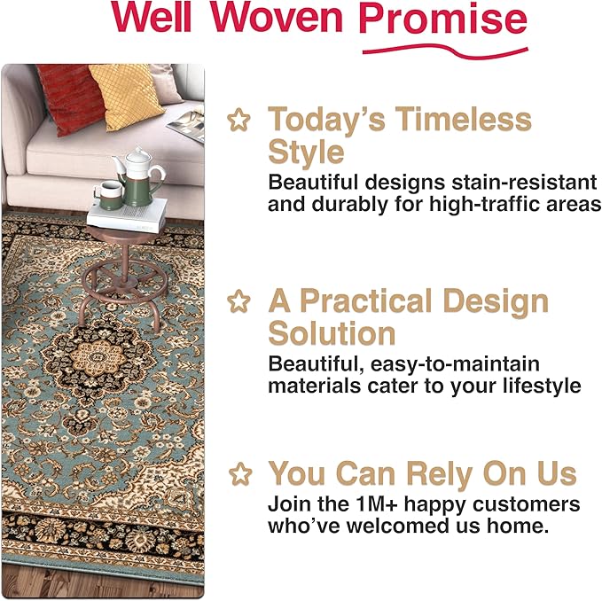 Well Woven Barclay Collection Medallion Kashan Light Blue 8x10 Area Rug - for Living Room, Bedroom, and Dining Room
