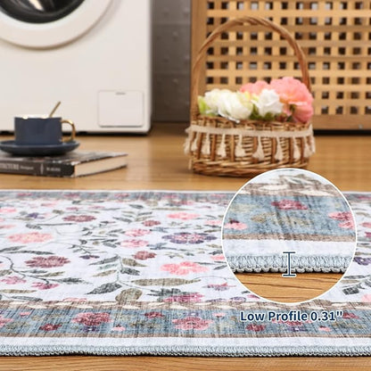 GarveeHome Large Washable Area Rug 10 x 13 for Living Room, Non-Slip Soft Vintage Rug, Low Pile Farmhouse Floral Carpet, Non-Shedding Foldable Printed Rugs for Bedroom, Light Blue