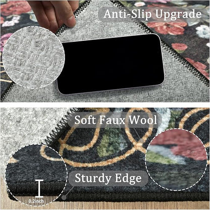 6ft Round Machine Washable Area Rug for Living Room, Black Vintage Boho Floral Rug Large Non-Slip Low Pile Soft Faux Wool Carpet, Kids and Pets Friendly for Bedroom Nursery Farmhouse Home Decor Rug