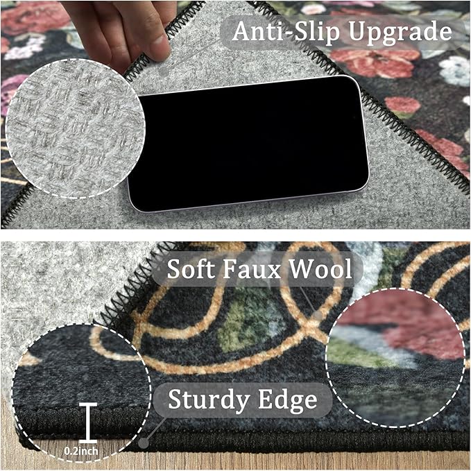 4ft Round Machine Washable Area Rug for Living Room, Black Vintage Boho Floral Rug Large Non-Slip Low Pile Soft Faux Wool Carpet, Kids and Pets Friendly for Bedroom Nursery Farmhouse Home Decor Rug