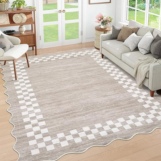 GarveeHome Washable Rug 5x7 for Living Room Large Bedroom Scalloped Rug Non Slip Stain Resistant Modern Border Throw Carpet Soft Boho Rug for Dining Room Nursery Home Office, Fog