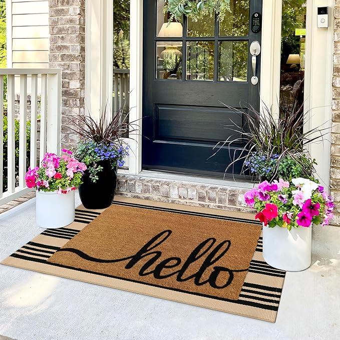 Black and Khaki Striped Rugs 2.3'x3.6', Washable Hand Woven Front Door Rug, Reversible Outdoor Welcome Mat Foldable Layered Door Mats for Entryway Porch Decor Home Entrance