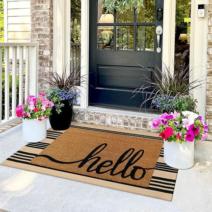 Black and Khaki Striped Rugs 2.3'x3.6', Washable Hand Woven Front Door Rug, Reversible Outdoor Welcome Mat Foldable Layered Door Mats for Entryway Porch Decor Home Entrance