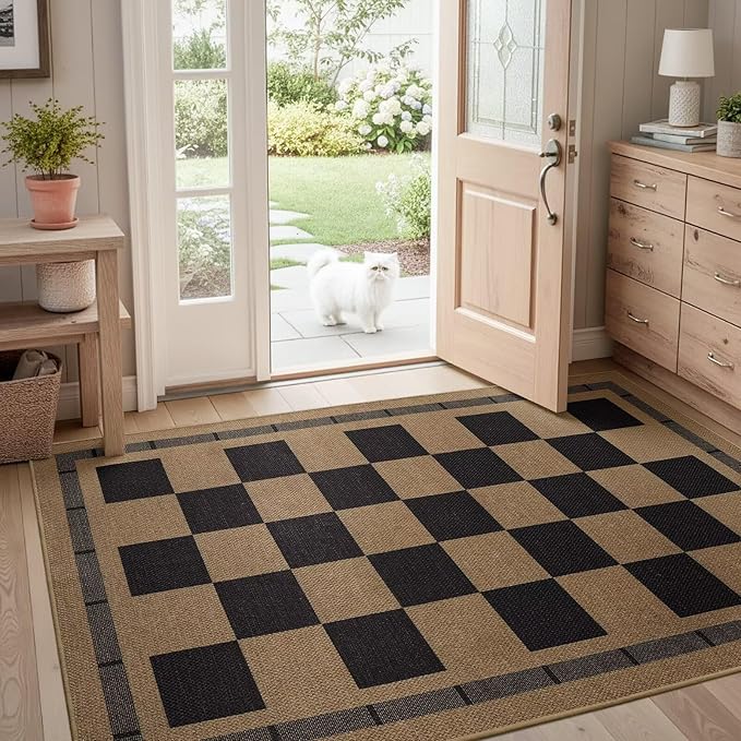 Vasofe 3x5 Plaid Rug, Jute Rugs, Washable Outdoor Indoor Checkered Carpets, Entryway Bedroom Potio Porch Kitchen Carpet, Non Slip Farmhouse Neutral Office Laundry Floor Mat, Black and Brown