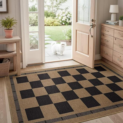 Vasofe 3x5 Plaid Rug, Jute Rugs, Washable Outdoor Indoor Checkered Carpets, Entryway Bedroom Potio Porch Kitchen Carpet, Non Slip Farmhouse Neutral Office Laundry Floor Mat, Black and Brown