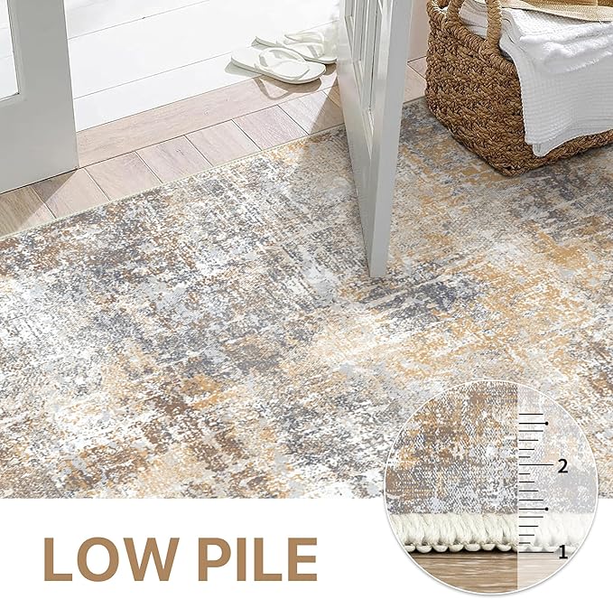 Bavni 9x12 Area Rugs Machine Washable Rug for Living Room, Modern Printed Rug Indoor Soft Area Rug for Bedroom Dining Room, Ultra-Thin Low Pile Carpet with Non Slip Rubber Backing, Ocher Gray