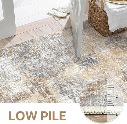 Bavni 9x12 Area Rugs Machine Washable Rug for Living Room, Modern Printed Rug Indoor Soft Area Rug for Bedroom Dining Room, Ultra-Thin Low Pile Carpet with Non Slip Rubber Backing, Ocher Gray