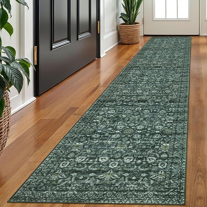 Runner Rug 2x10, Dark Green Washable Long Hallway Rug Runner Non-Slip Soft Kitchen Runner Thin Printed Faux Wool Super Soft Carpet for Entryway Bedroom Laundry Room Indoor