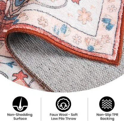 Area Rug 4x6, Washable Faux Wool Throw Rugs for Living Room, 0.3″ Non Slip Low Pile Vintage Boho Carpet for Ding Room, Home Office, Bedroom, Kids Room, Bedside (Red)