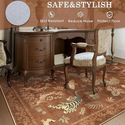 Moynesa Orange 5x7 Bedroom Rugs, Vintage Peacock Floral Washable Area Rugs for Living Room Dining Room Office Study, Low Pile Soft Non-Slip Water Repellent Carpets for Fall Winter Home Decor