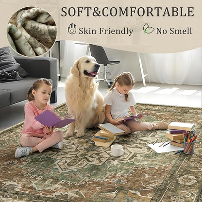 4x6 Machine Washable Area Rug for Living Room, Brown Green Boho Vintage Floral Rug Large Non-Slip Low Pile Soft Faux Wool Carpet, Kids and Pets Friendly for Bedroom Dining Room Farmhouse Decor Rug