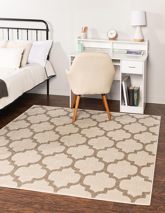 Rugs.com Lattice Collection Rug – 10 Ft Square Beige and Light Brown Medium-Pile Rug Perfect for Living Rooms, Kitchens, Entryways