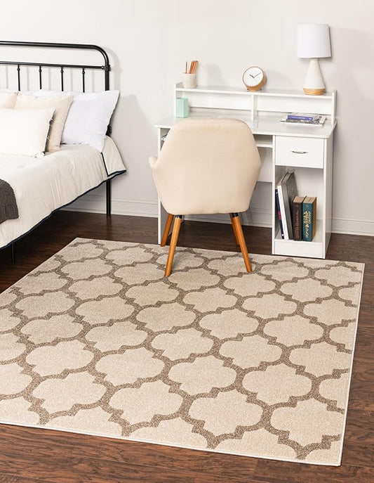 Rugs.com Lattice Collection Rug – 10 Ft Square Beige and Light Brown Medium-Pile Rug Perfect for Living Rooms, Kitchens, Entryways