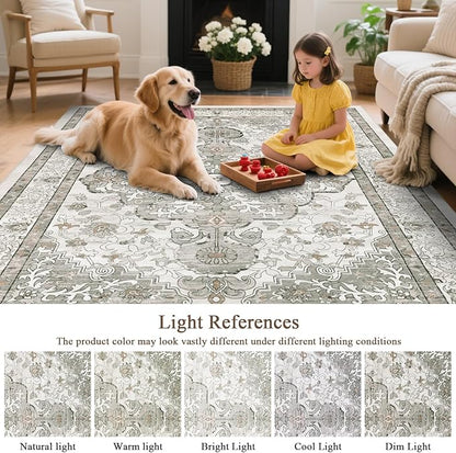 U'Artlines Boho Vintage Area Rug 8x10 Machine Washable Low Pile Soft Floor Carpet Non Slip Non Shedding Accent Rug for Living Room Bedroom Entryway Dining Room Office Grey Taupe
