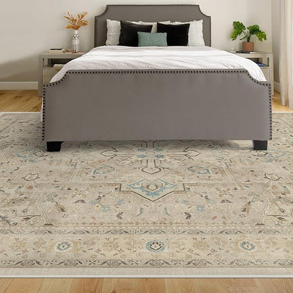 RUGGABLE Washable Vintage Area Rug – Kamran Ivory Opal 8x10, Stain-Resistant, Non-Slip – Large Machine Washable Rugs for Living Room, Bedroom, Hallway, Entryway & Office–with Cushioned Pad