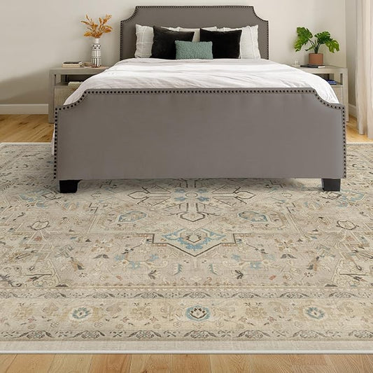 RUGGABLE Washable Vintage Area Rug – Kamran Ivory Opal 10x14, Stain-Resistant, Non-Slip – Large Machine Washable Rugs for Living Room, Bedroom, Hallway, Entryway & Office–with Cushioned Pad