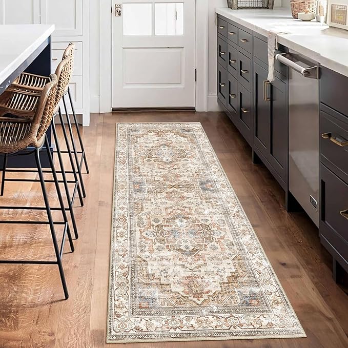 Enkor Runner Rugs for Hallway, 2x6 Washable Soft Non Slip Floor Rugs for Kitchen, Modern Mat for Living Room Bedroom Entryway Beige & Brown