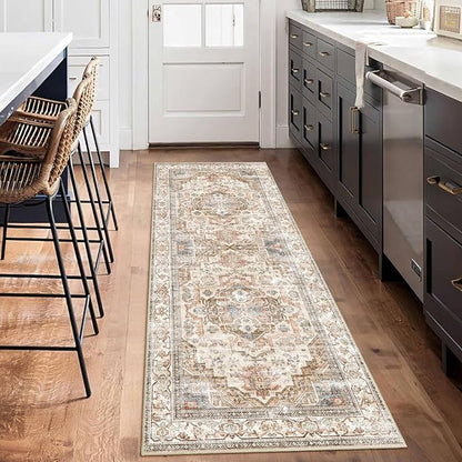 Enkor Runner Rugs for Hallway, 2x6 Washable Soft Non Slip Floor Rugs for Kitchen, Modern Mat for Living Room Bedroom Entryway Beige & Brown