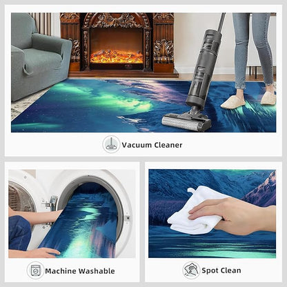 6x9 Snowy Mountains Living Room Rug - Aurora Borealis Bedroom Carpet, Polar Landscape Classroom Rug for Carpet Boy Bedroom Office Nursery Hardwood Home Decor
