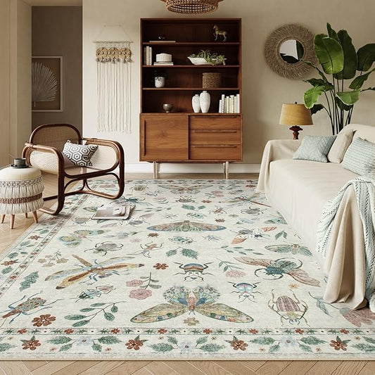 Lahome Insect 9x12 Area Rugs for Living Room Bedroom, Soft Washable Rugs 9x12 Stain Resistant, Ultra-Thin Non-Slip Dining Room Rug Non-Shedding Accent Carpet for Office(9x12ft,Beige)