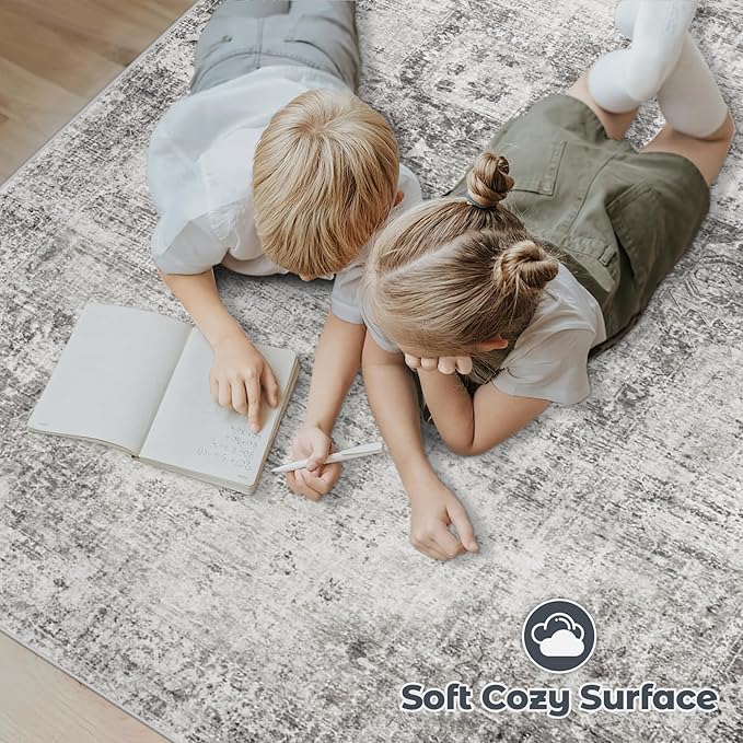 Area Rug 9x12 Washable Rug, Vintage Boho Medallion Rugs Non-Slip Soft Low Pile Large Distressed Rug Indoor Retro Carpet for Living Room Bedroom Dining Room Home Office (Grey, 9'x12')