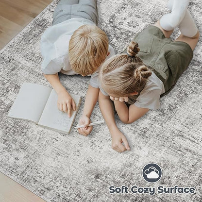 Area Rug 6x9 Washable Rug, Vintage Boho Medallion Rugs Non-Slip Soft Low Pile Large Distressed Rug Indoor Retro Carpet for Living Room Bedroom Dining Room Home Office (Grey, 6'x9')