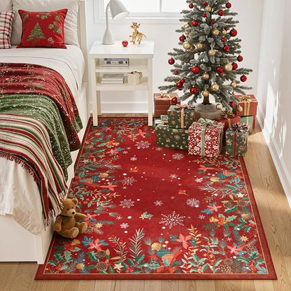 Wonnitar Christmas 5x7 Area Rugs, Red Floral Rugs for Living Room, Non-Slip Soft Bedroom Rug, Washable Low Pile Snowflake Holiday Decor Rugs Carpet for Dining Room Bedside(Christmas Red,5'x7')