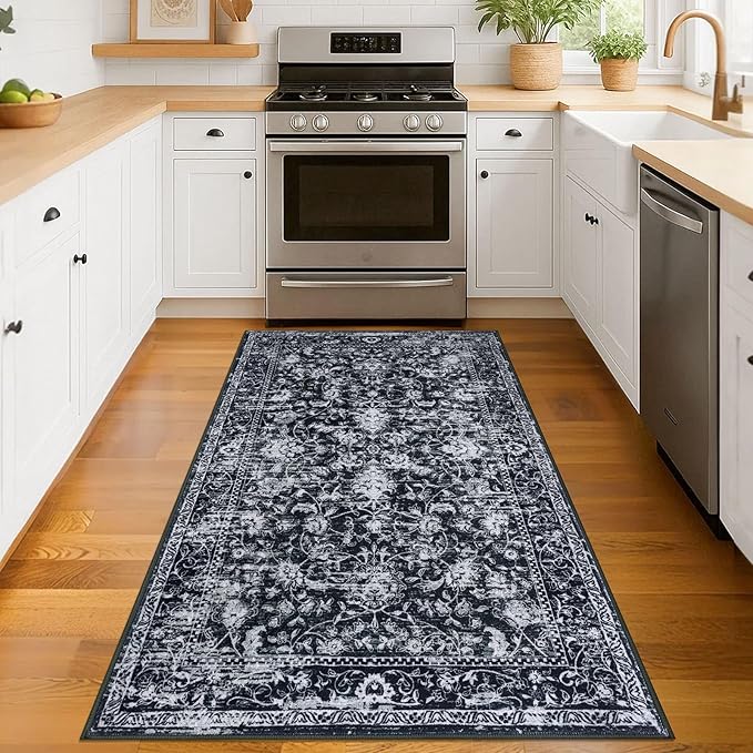 KILOCOCO Area Rug 3x5 Entryway Rug Washable Printed Vintage Floral Rubber Backed Non Slip Indoor Kitchen Rugs for Living Room Laundry Room Playroom Mudroom Moroccan Area Rugs, Black/Navy/White