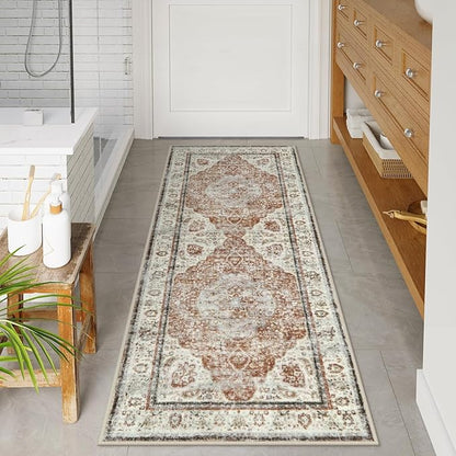 Uphome Bathroom Runner, Distressed Tribal Farmhouse Orange Bathroom Mat, Large Bath Rugs Non Slip Washable, Oriental Retro Boho Bath Mat Runner for Bathtub Sink Laundry, 24x59 inch