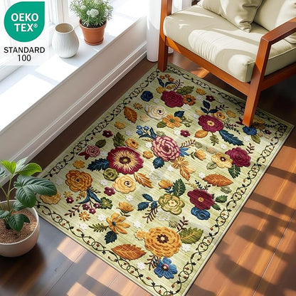 2x3 Machine Washable Area Rug for Entryway, Green Vintage Boho Floral Rug Non-Slip Low Pile Soft Faux Wool Small Carpet, Kids and Pets Friendly for Bedroom Kitchen Hallway Bedside Home Decor Rug