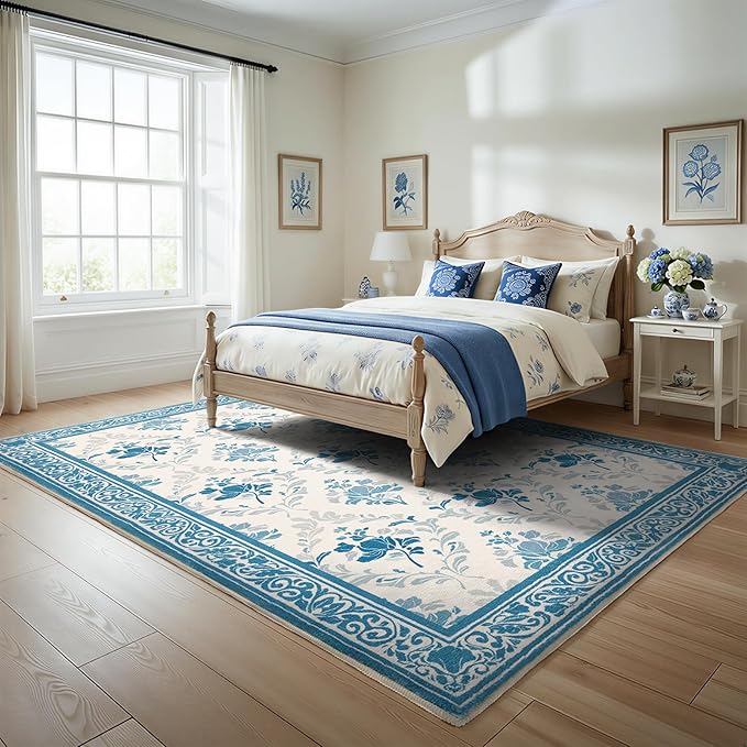SOULFUL Medium Pile 4x6 Rugs for Living Room - Soft Underfoot Area Rug - Blue Boho Floral - Washable Non-Slip - Perfect for Bedroom Kids Room Under Dining Table Office