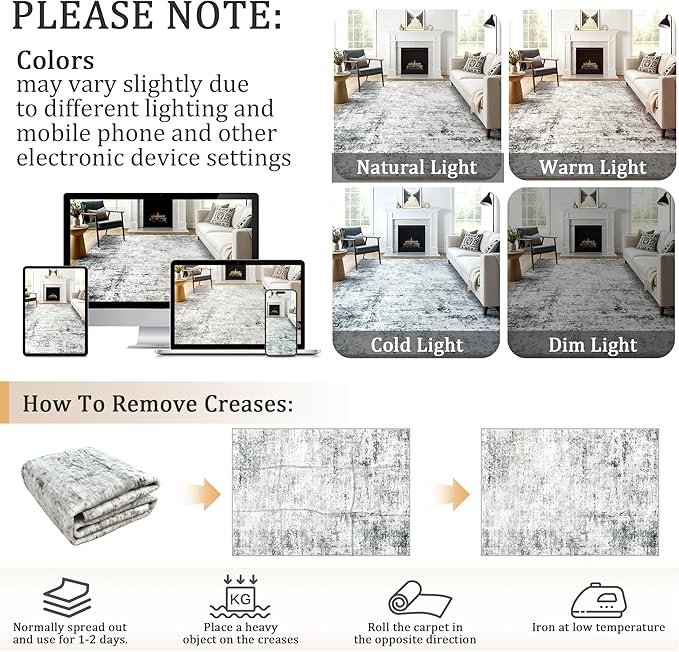 2x3 Machine Washable Area Rug for Entryway, Grey Modern Vintage Abstract Rug Non-Slip Low Pile Soft Faux Wool Small Carpet, Kids and Pets Friendly for Bedroom Kitchen Hallway Home Decor Rug