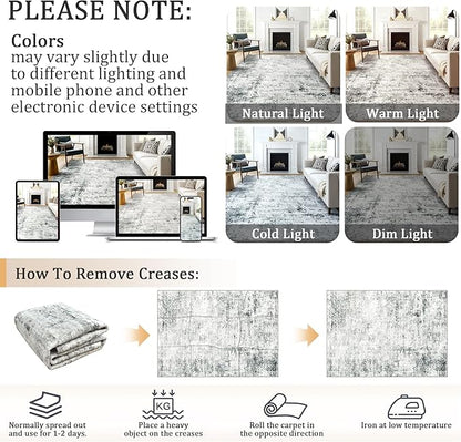 2x3 Machine Washable Area Rug for Entryway, Grey Modern Vintage Abstract Rug Non-Slip Low Pile Soft Faux Wool Small Carpet, Kids and Pets Friendly for Bedroom Kitchen Hallway Home Decor Rug