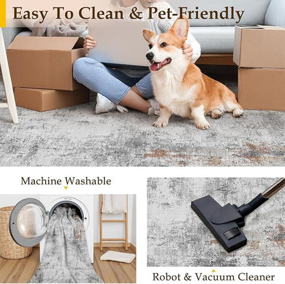 8x10 Washable Area Rug Grey Rust Abstract Living Room Bedroom Carpet Neutral Modern Non-Slip Soft Low Pile Lightweight Vacuumable Large Throw Rug for Dining Room
