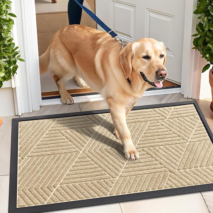 Kitinjoy Front Door Mat Outside Entrance, Sturdy Natural Dirt Trapper, Heavy Duty Rubber Doormat, Low Profile Non-Slip Backing, Easy Clean Floor Mat for Indoor Outdoor Entry, 47X32 Inch, Beige