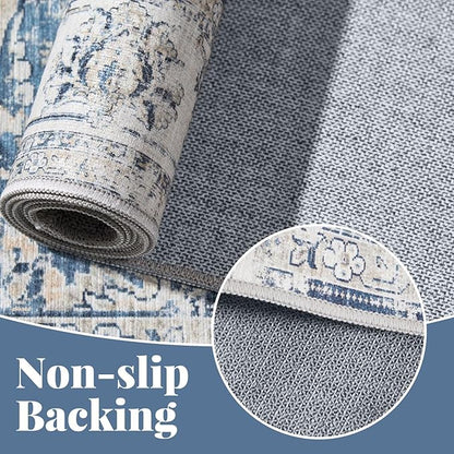 jinchan Fiora Hallway Runner Rug 3x10 Machine Washable Runner Rug Dark Blue Vintage Floral Design Non-Slip Low Pile Ultra-Thin for Kitchen Laundry Room Bedroom Farmhouse (3‘x10', Dark Blue)