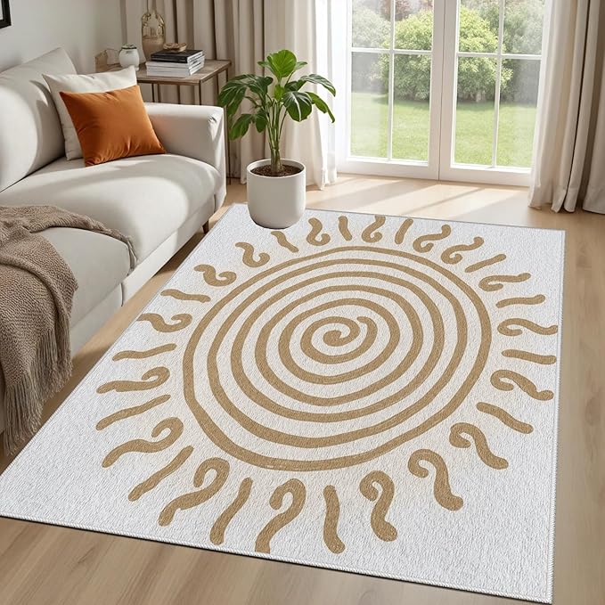 Boho Washable Rugs for Bedroom 4x6, Modern Sun Print Soft Minimalism Area Rug, Non Slip Low Pile Abstract Carpet for Classroom Living Room Decor Dining Room, Beige Yellow