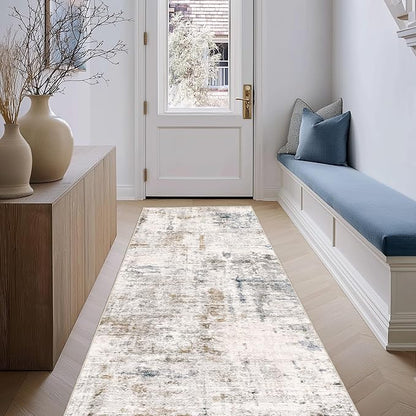FMFUNCTEX 2x6 Runner Rug Washable Brown and Blue Neutral Modern Abstract Entryway Non Slip Low Pile Soft Accent Hallway Indoor Carpet for Kitchen Living Room Bedroom Bathroom Laundry Entrance Bedside