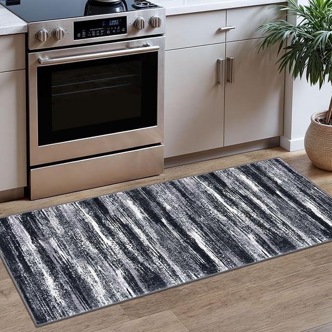 Modern Abstract Runner Rug 2x5, Black Grey Washable Kitchen Runner Entryway Rug Mat Non-Slip Soft Hallway Rug Runner Thin Print Faux Wool Carpet for Bedroom Laundry Room Indoor