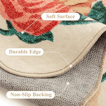 Washable Floral Runner Rug 2x6 Beige Hallway Carpet Scalloped Flower Non Slip Soft Long Kitchen Runner Farmhouse Low Pile Thin Indoor Floor Cover for Bathroom Bedroom Laundry Room Entryway
