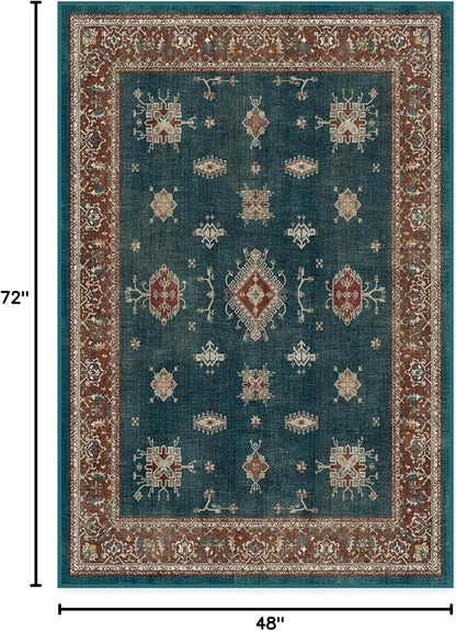 RUGGABLE Washable Vintage Area Rug – Verena Teal Blue 4x6, Stain-Resistant, Non-Slip – Medium Machine Washable Rugs for Living Room, Bedroom, Hallway, Entryway & Office–with Standard Pad