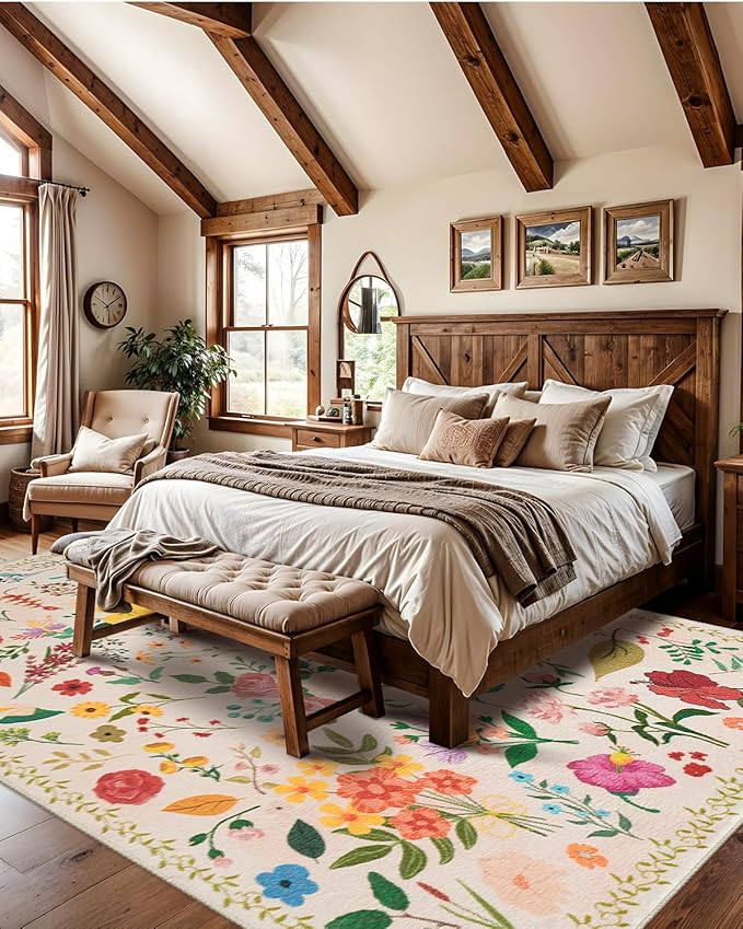 Washable Rugs 8x10 Floral Vintage Washable Area Rug Non Slip Low Pile Large Rugs for Living Room Dining Room Bedroom Farmhouse Kids Playroom
